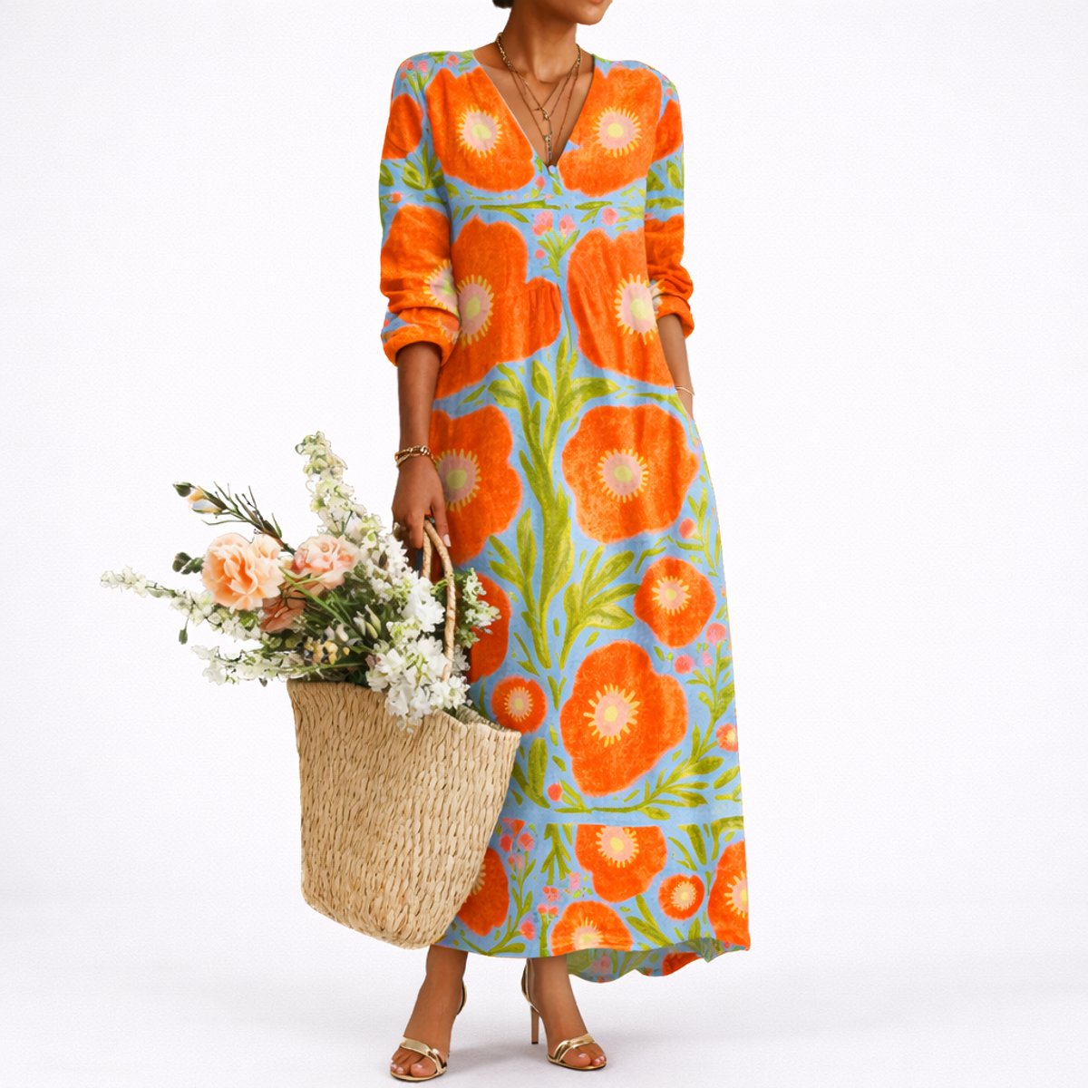 Amelia | Robe Maxi Fleurie d'Automne pour Femme Invité de Mariage Col V à Manches Longues