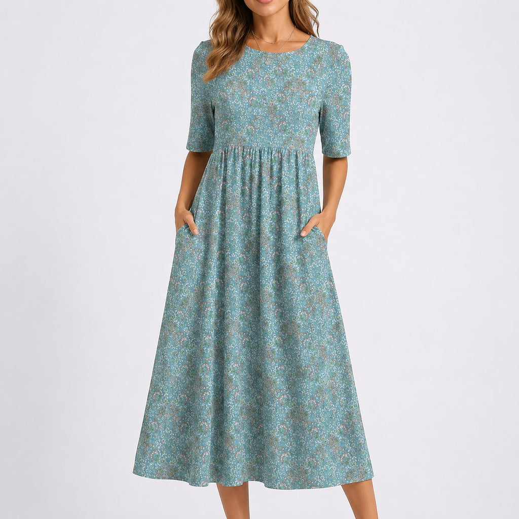 Pénélope | Robe Midi Florale d'Automne pour Femme Invité de Mariage Taille Rassemblée