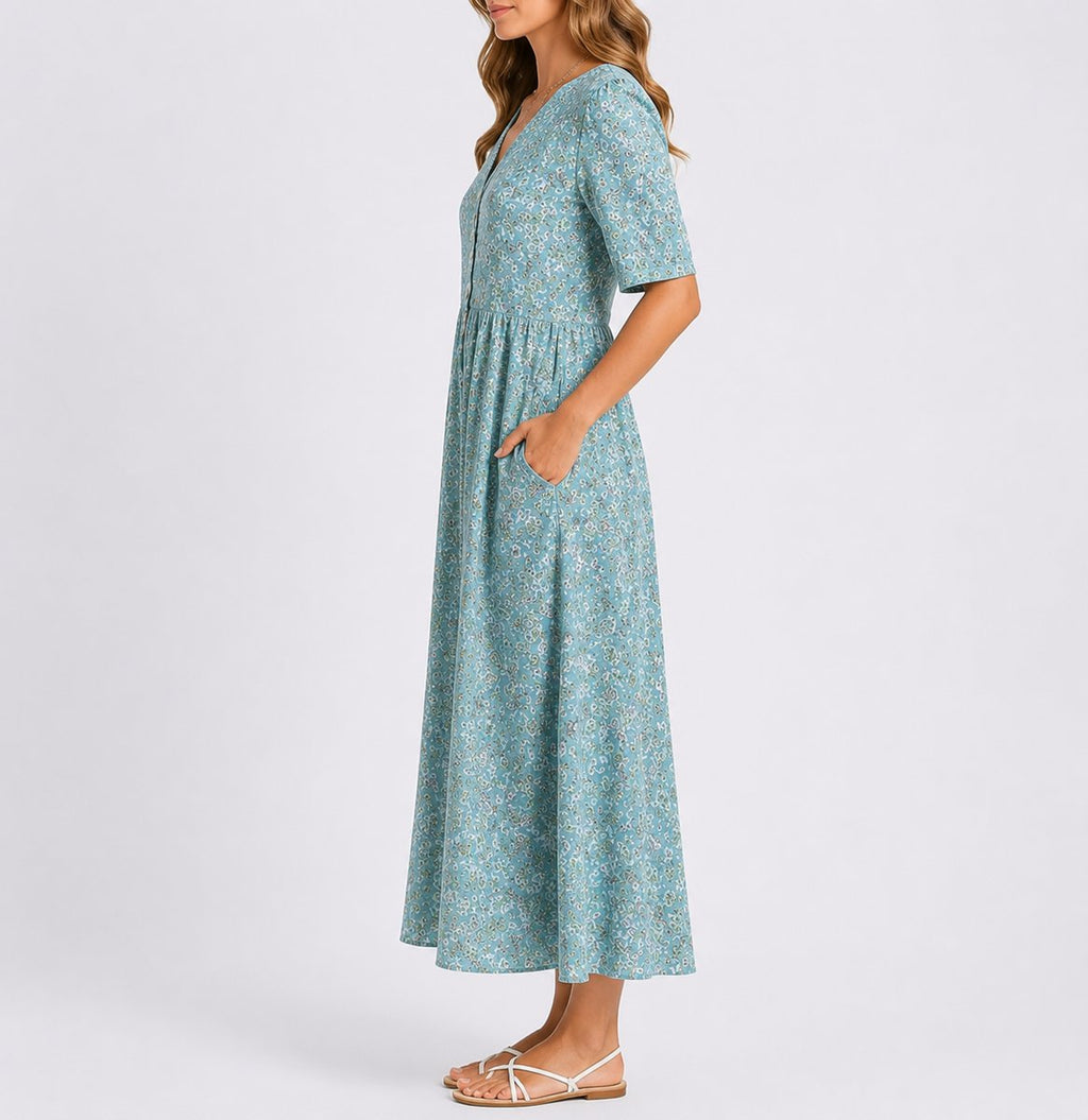 Pénélope | Robe Midi Florale d'Automne pour Invitées de Mariage avec Taille Rassemblée
