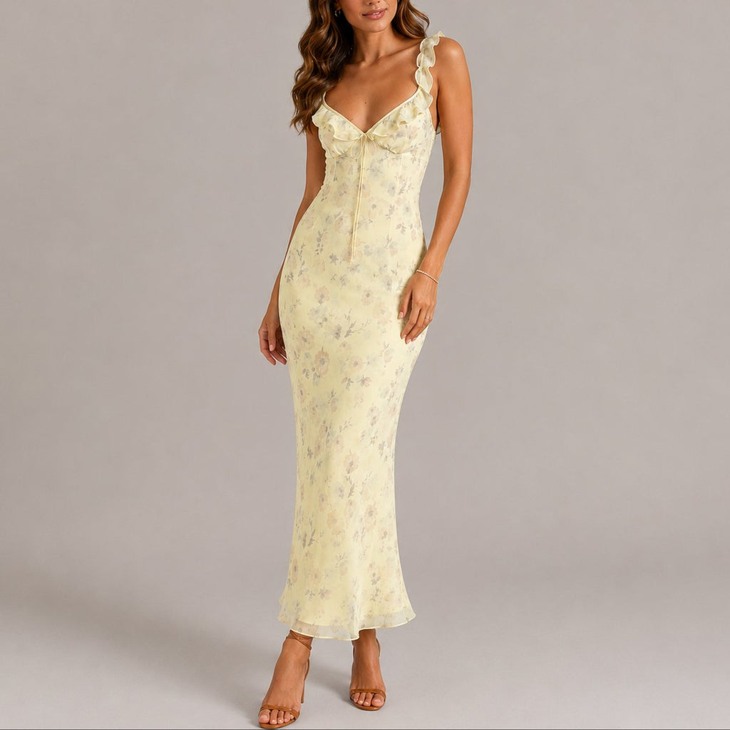 Evelyn | Robe Maxi Ajustée à Fleurs avec Volants pour Femmes
