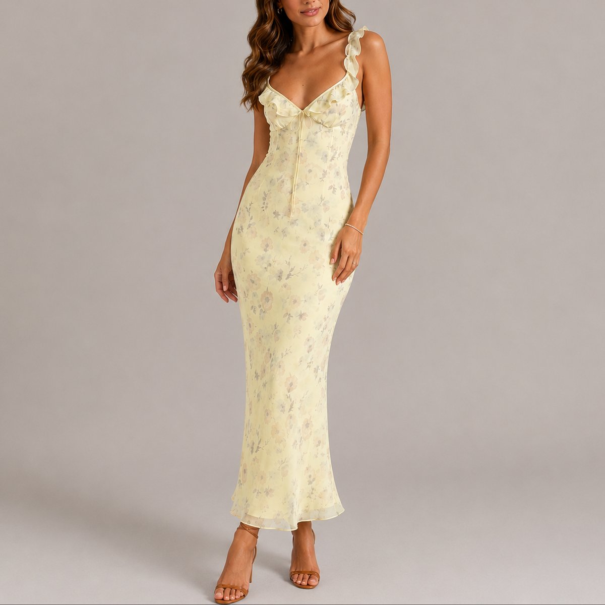 Evelyn | Robe Maxi Ajustée à Fleurs avec Volants pour Femmes