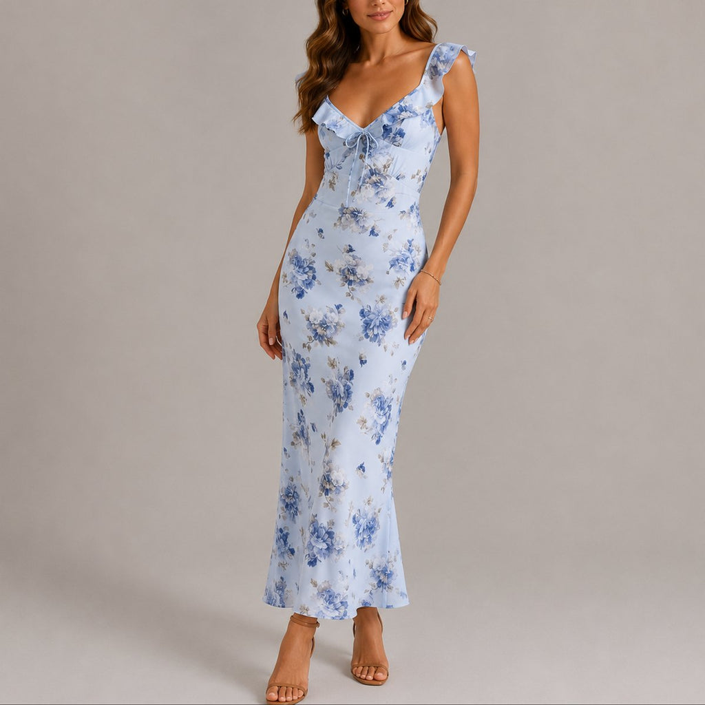 Evelyn | Robe Maxi Ajustée à Fleurs avec Volants pour Femmes