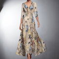 Luna | Robes Maxi Formelles à Fleurs pour Femmes, Enveloppe, Décolleté en V, Manches 3/4