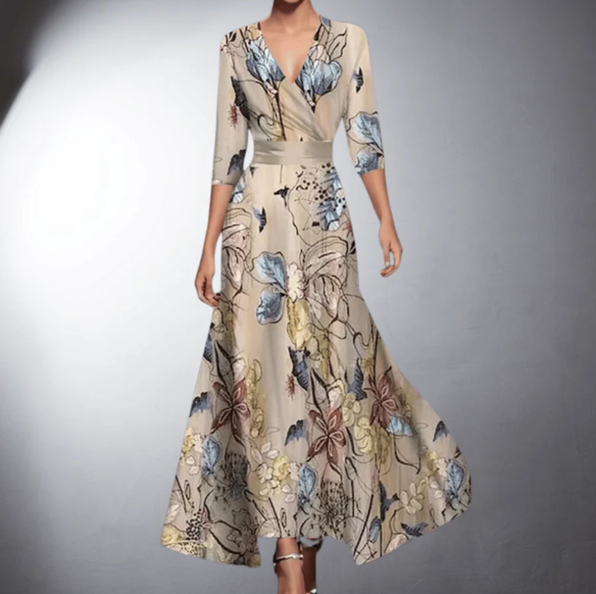 Luna | Robes Maxi Formelles à Fleurs pour Femmes, Enveloppe, Décolleté en V, Manches 3/4