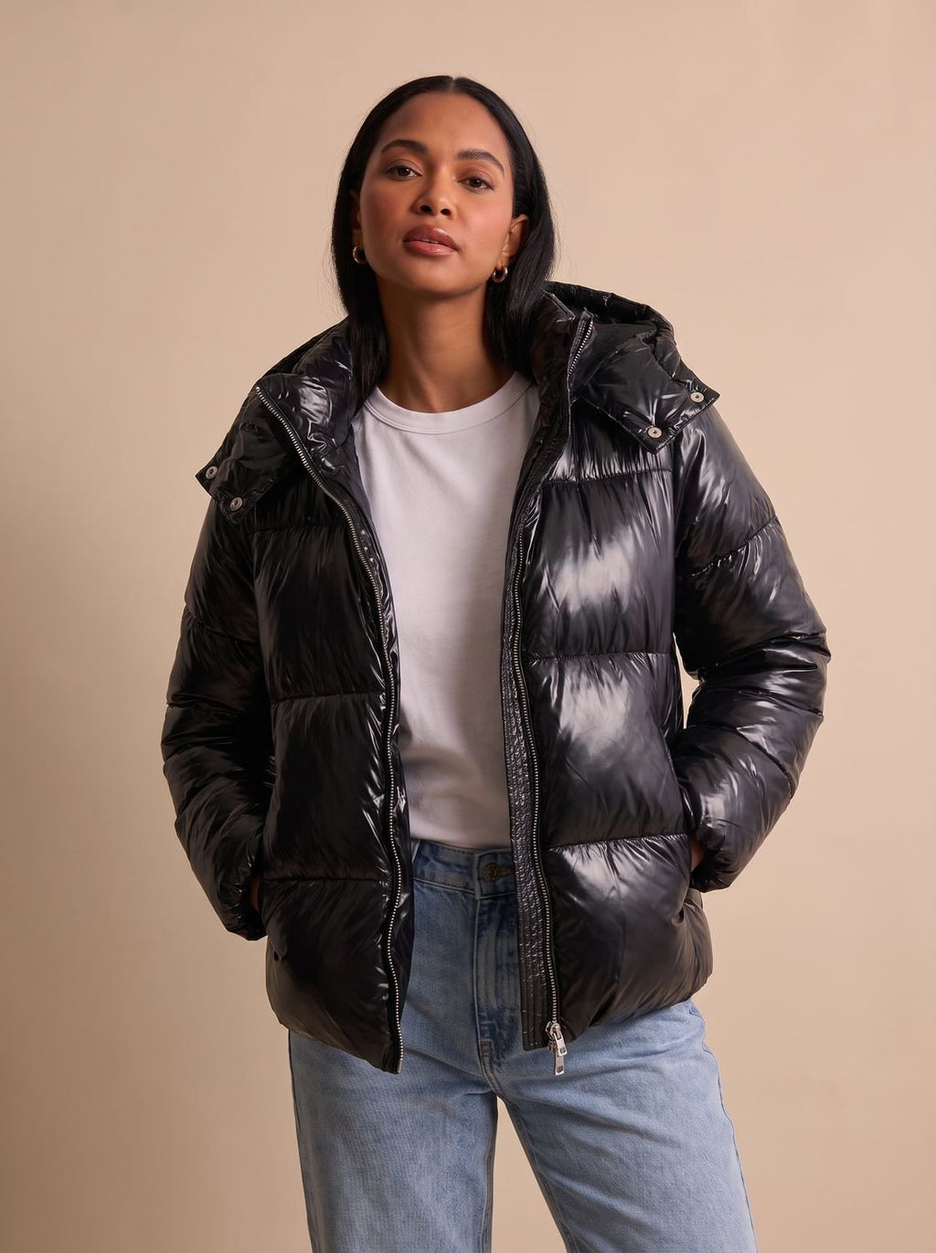 Aria | Veste Puffer Matelassée Brillante à Capuche pour Femme