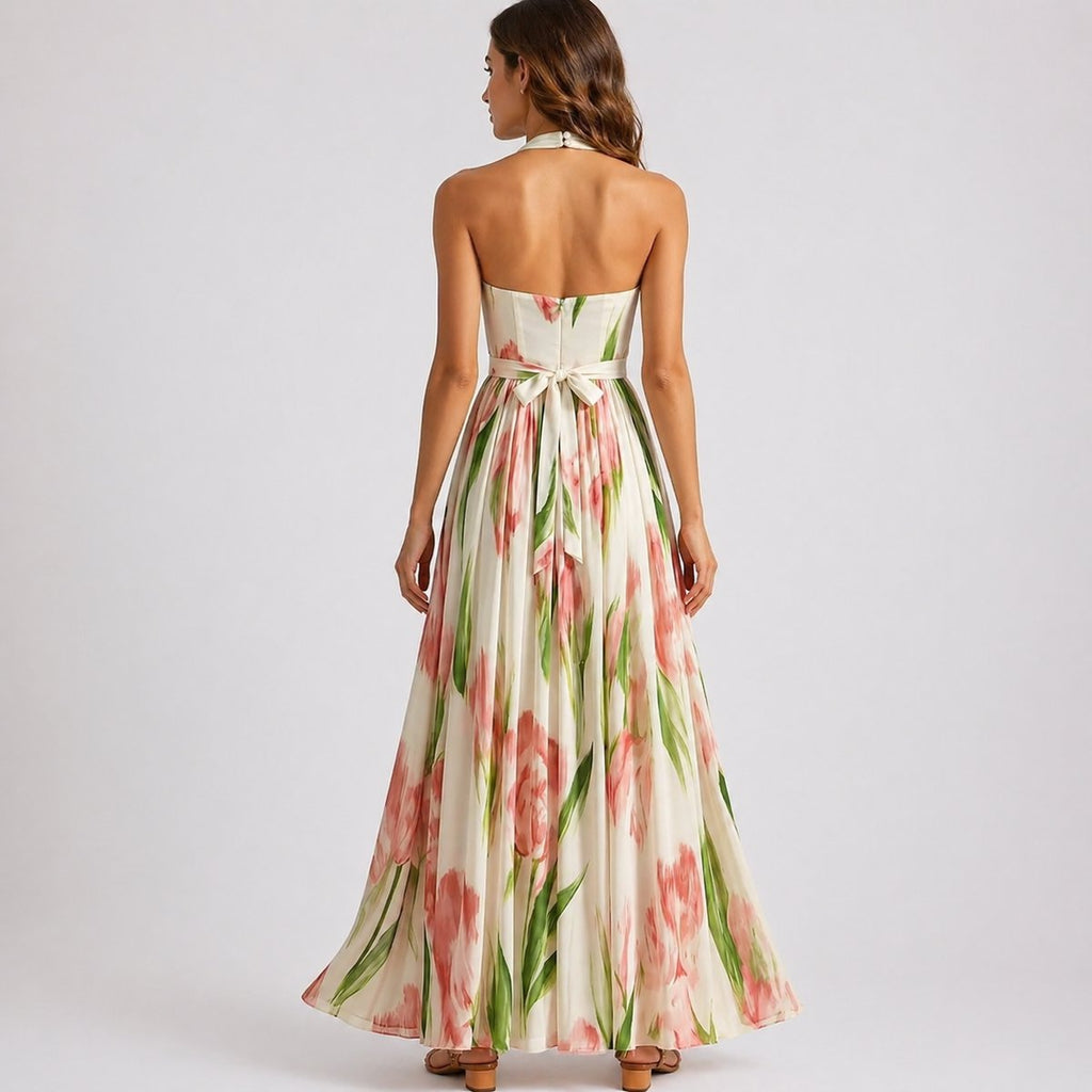 Emma | Robe Maxi à Imprimé Floral Aquarelle à Dos Nu pour Femme - Invité de Mariage Automne