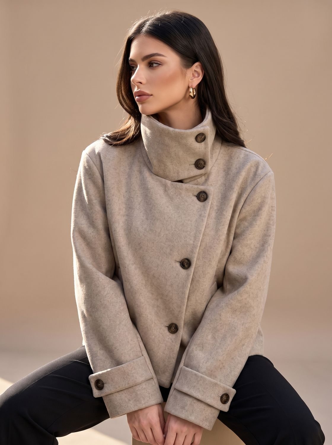 Victoria | Manteau court en mélange de laine à col montant et boutons pour femmes