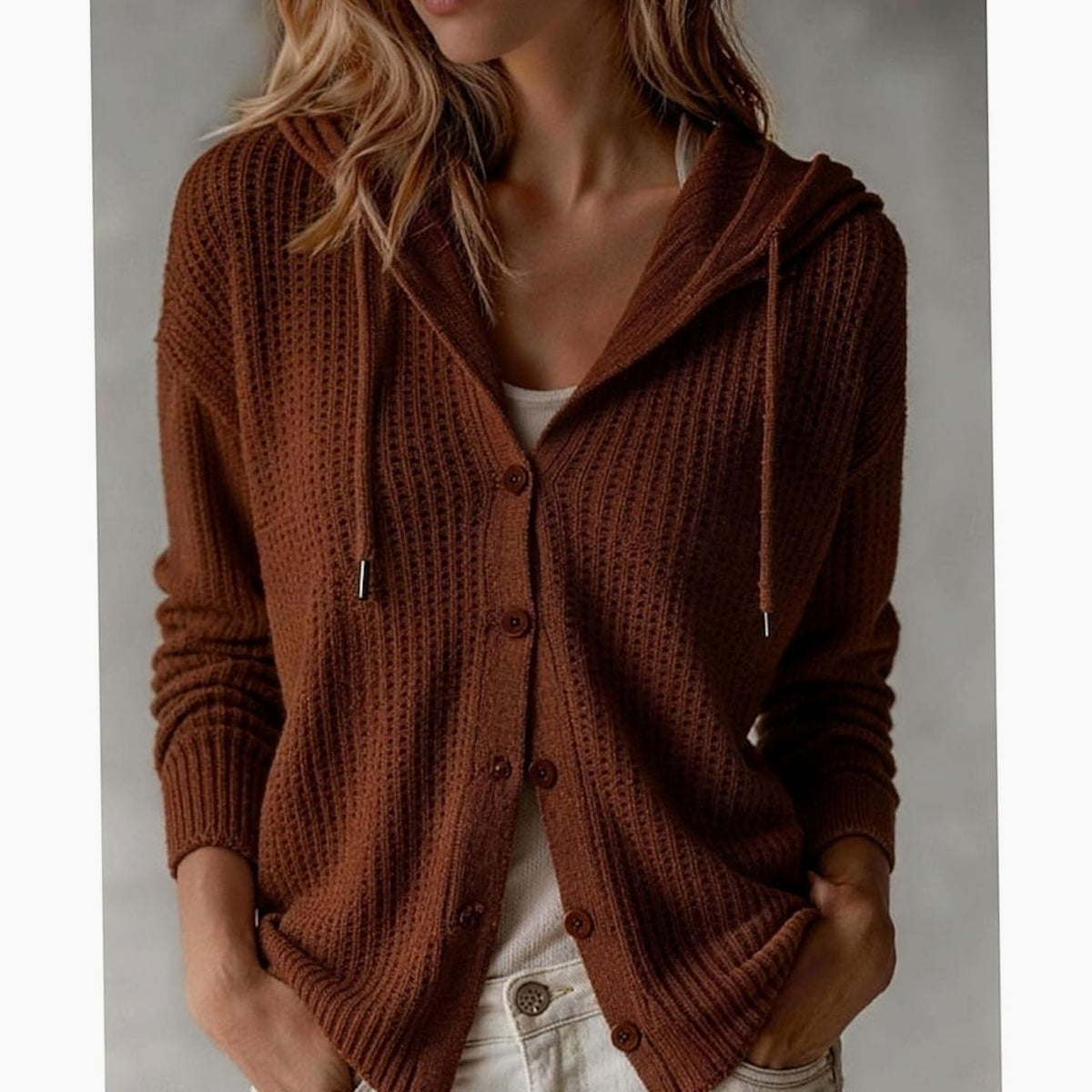 Harper | Cardigan à boutons avant et capuche en tricot gaufré pour femmes