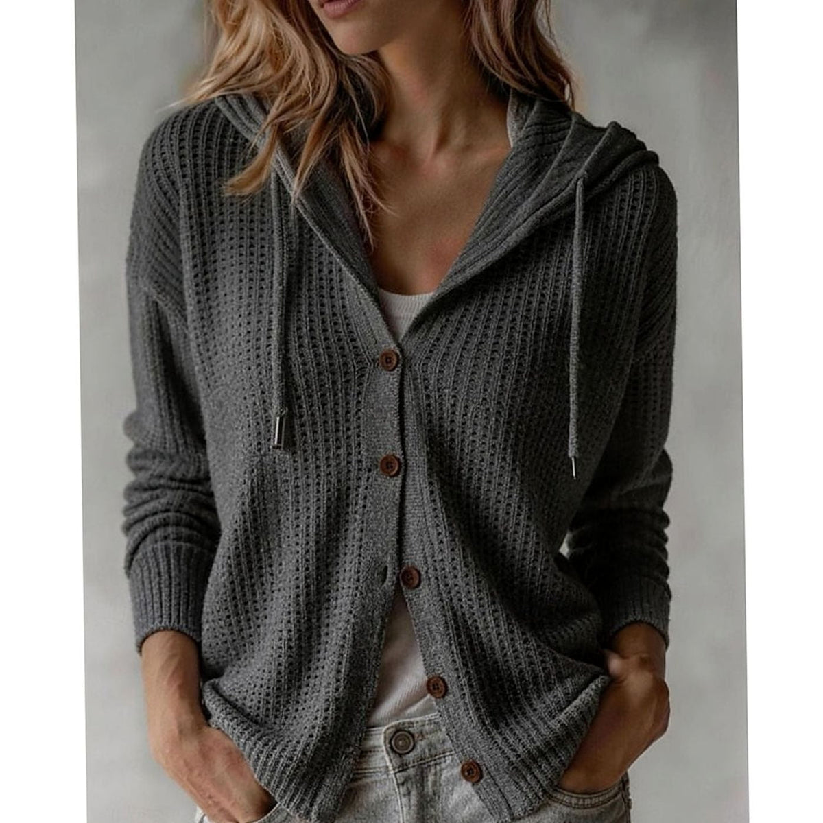 Harper | Cardigan à boutons avant et capuche en tricot gaufré pour femmes