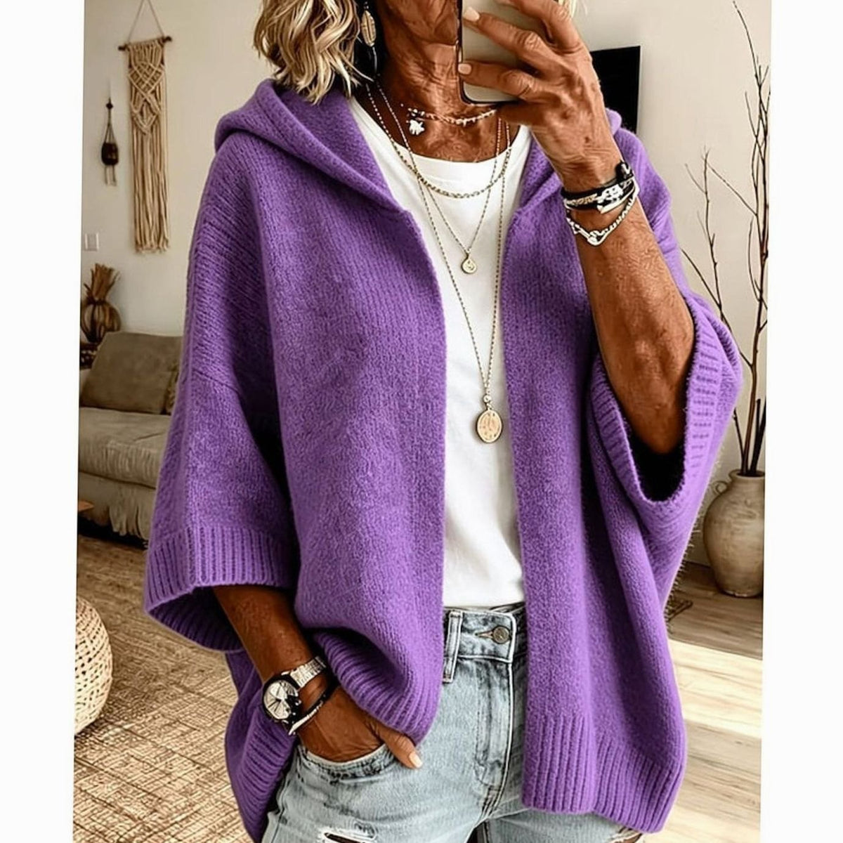 Scarlett | Cardigan tricoté à capuche pour femmes, ouvert sur le devant, coupe décontractée
