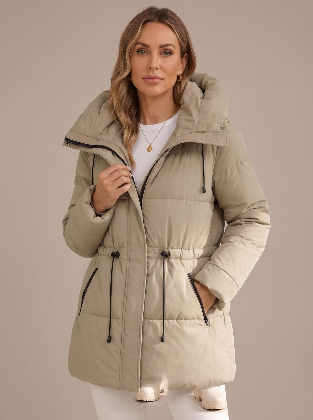 Sophia | Veste Puffer à Capuche pour Femme avec Taille à Cordon