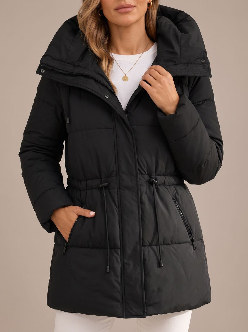 Sophia | Veste Puffer à Capuche pour Femme avec Taille à Cordon