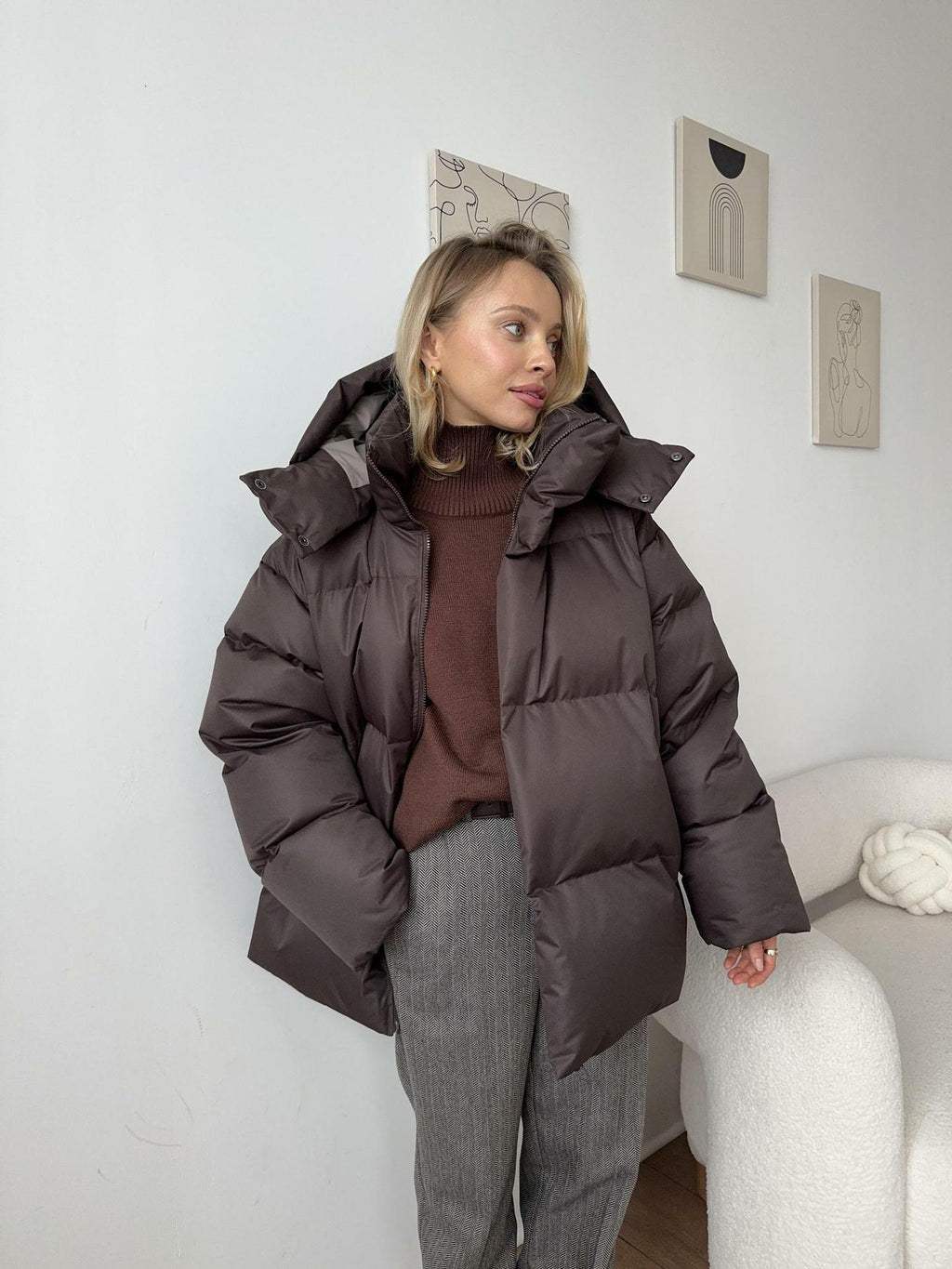 Veste Puffer Femme avec Capuche - Veste d'Hiver Matelassée avec Fermeture Éclair Continue