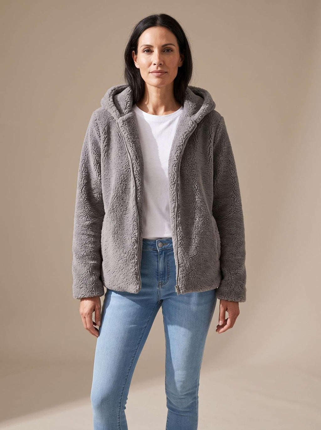 Grace | Manteau à capuche zippé en fausse fourrure pour femmes, veste en polaire Teddy