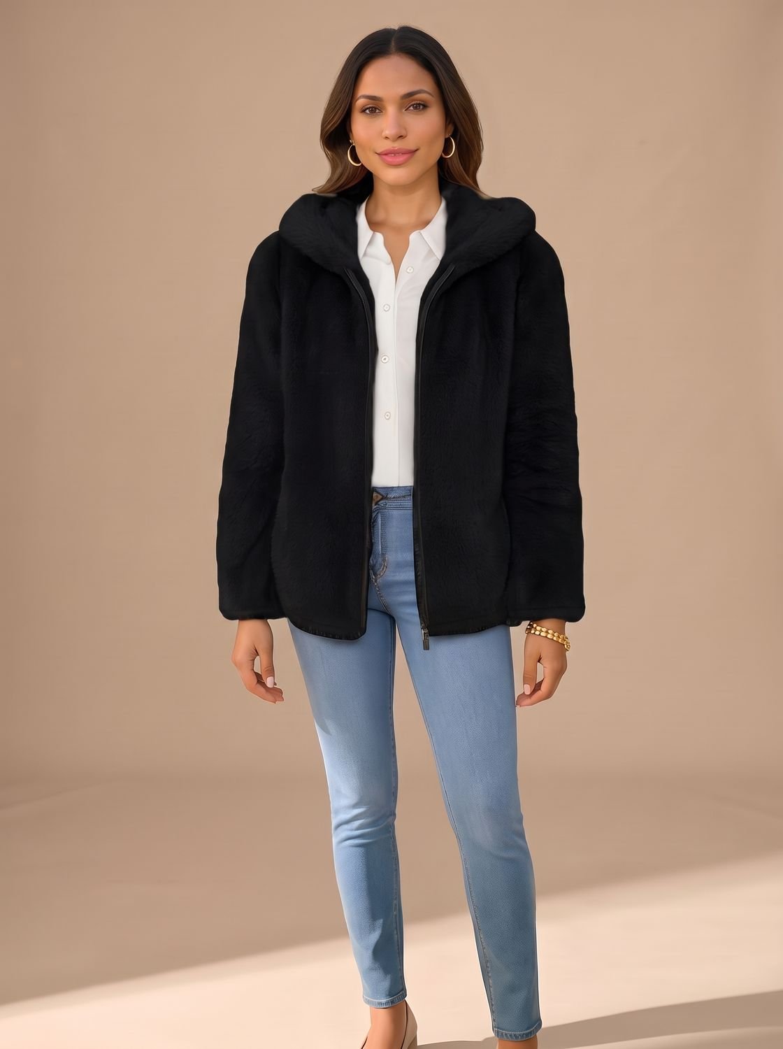 Grace | Manteau à capuche zippé en fausse fourrure pour femmes, veste en polaire Teddy