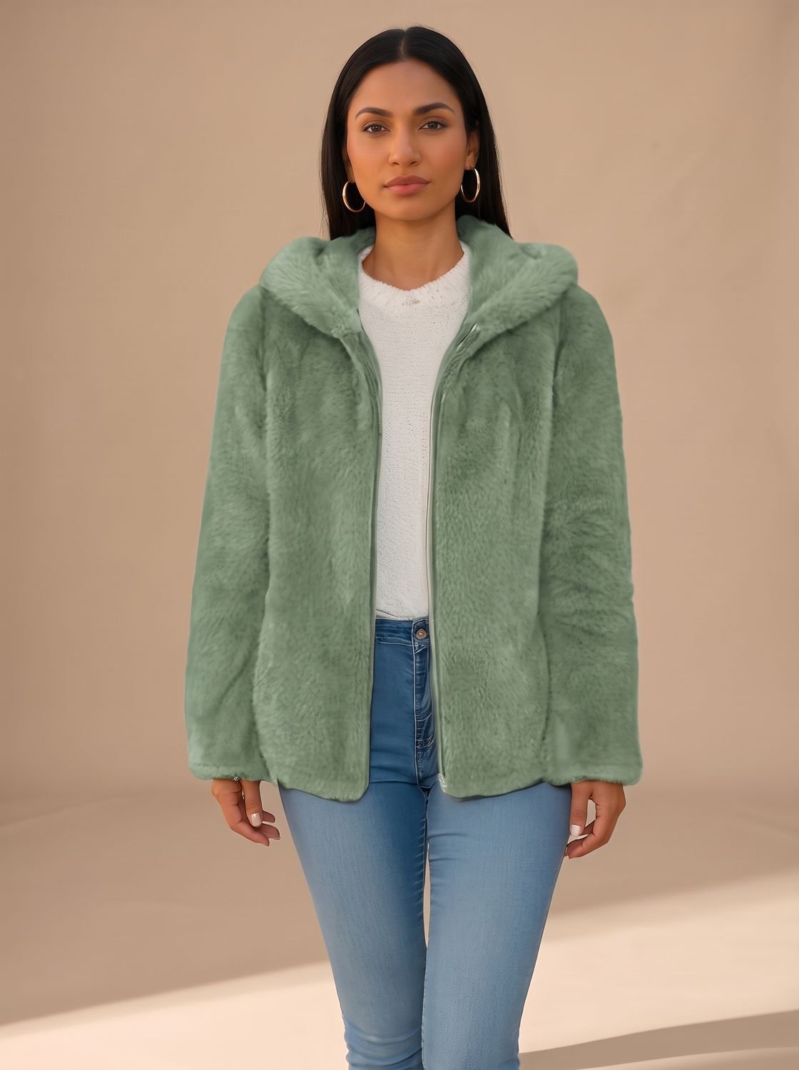Grace | Manteau à capuche zippé en fausse fourrure pour femmes, veste en polaire Teddy