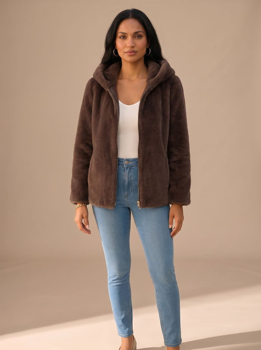 Grace | Manteau à capuche zippé en fausse fourrure pour femmes, veste en polaire Teddy