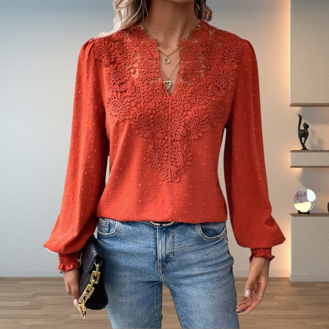 Sophia | Blouse à manches longues à col en V et corsage en dentelle pour femmes