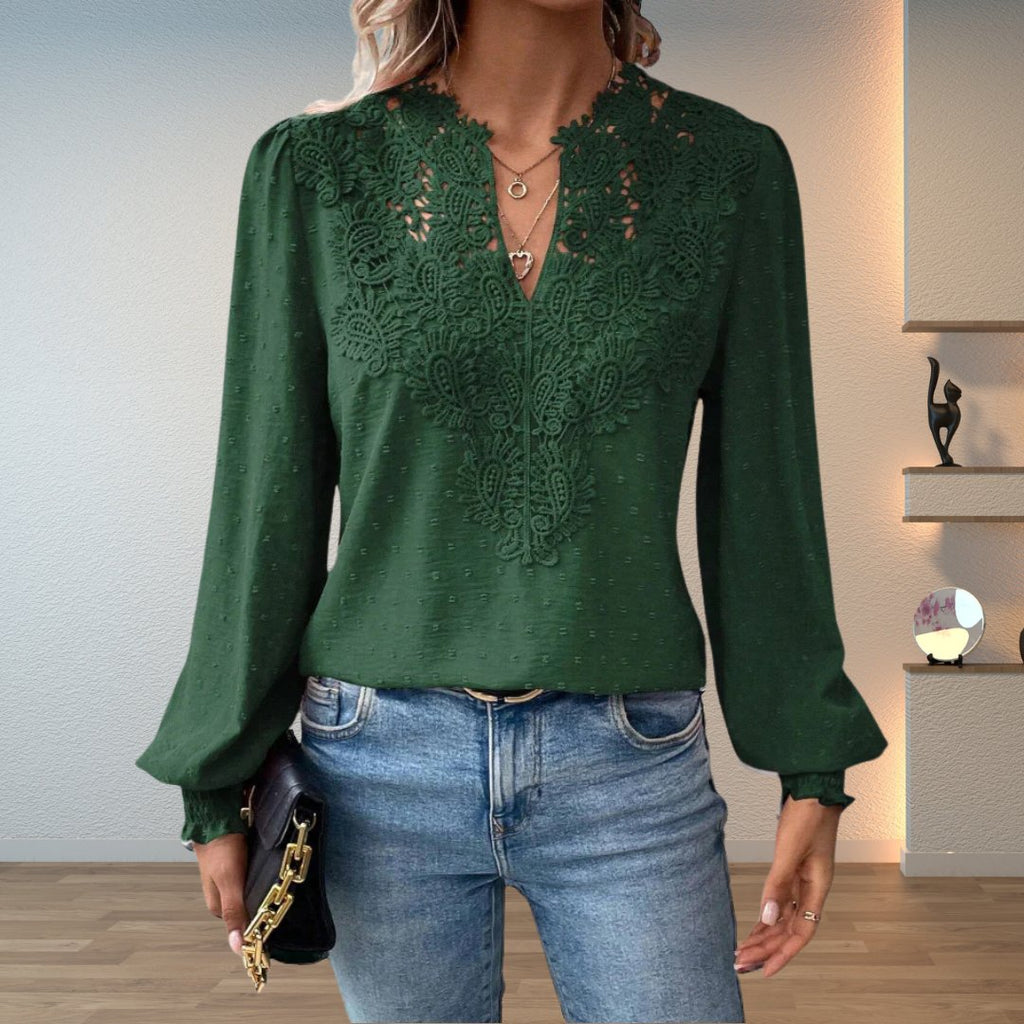 Sophia | Blouse à manches longues à col en V et corsage en dentelle pour femmes