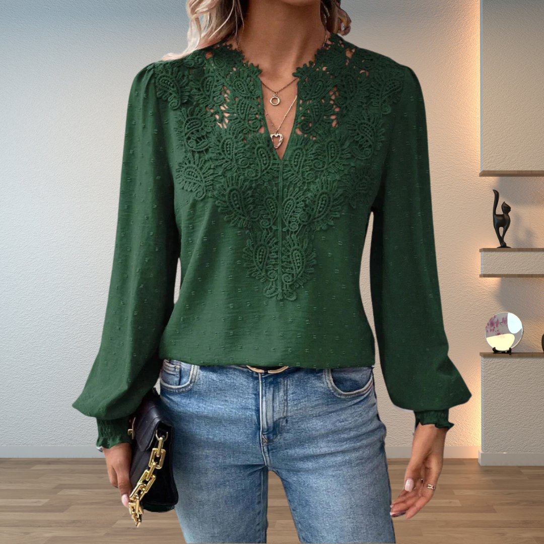 Sophia | Blouse à manches longues à col en V et corsage en dentelle pour femmes