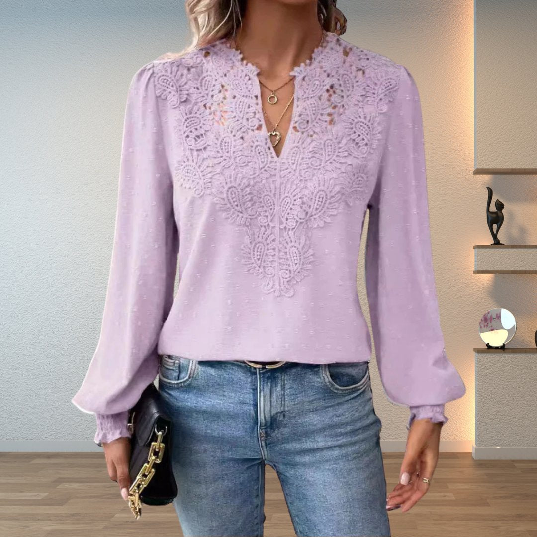Sophia | Blouse à manches longues à col en V et corsage en dentelle pour femmes
