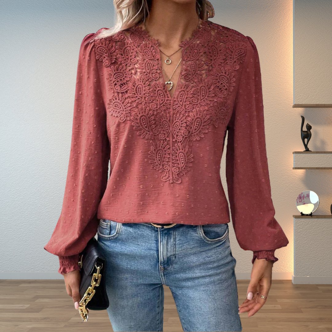 Sophia | Blouse à manches longues à col en V et corsage en dentelle pour femmes