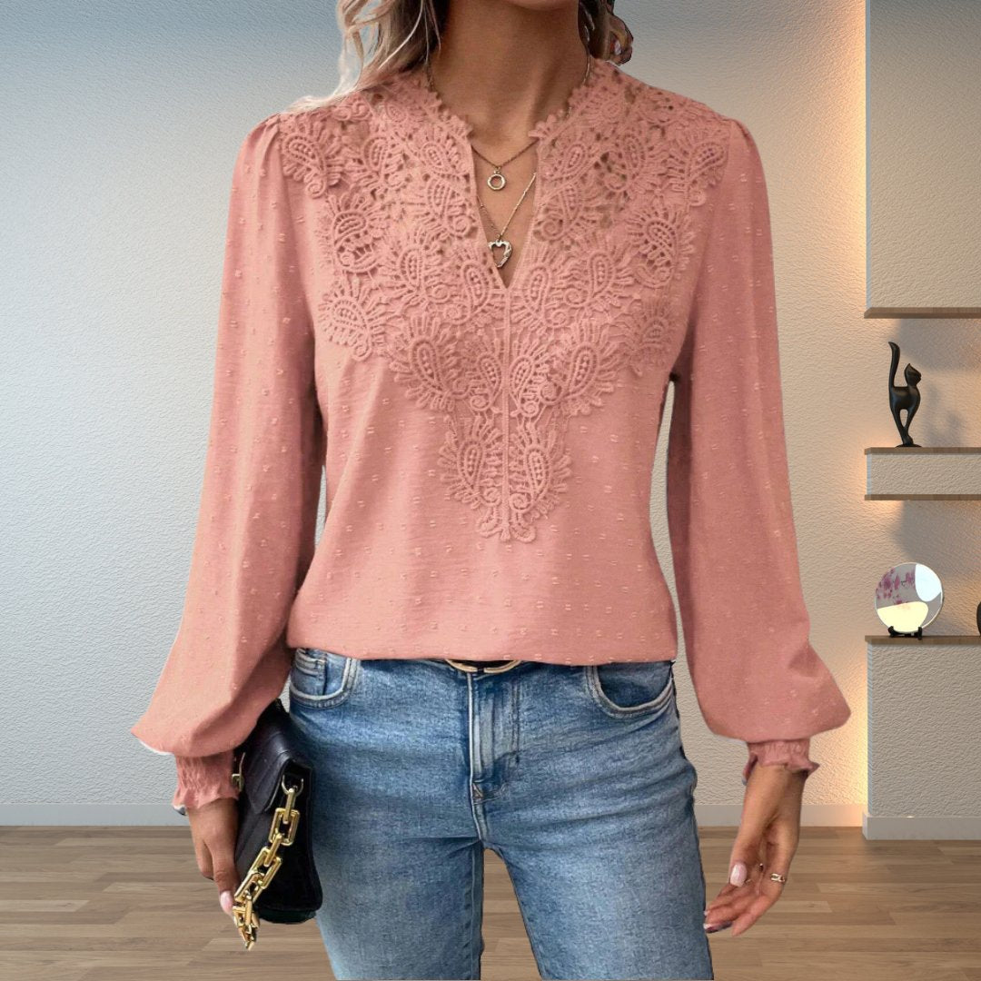 Sophia | Blouse à manches longues à col en V et corsage en dentelle pour femmes