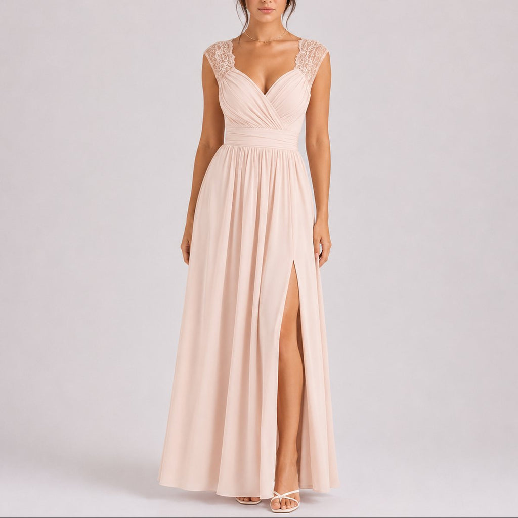Camila | Robes de Mariée d'Invitée d'Automne à Épaules en Dentelle pour Femmes avec Fente Latérale