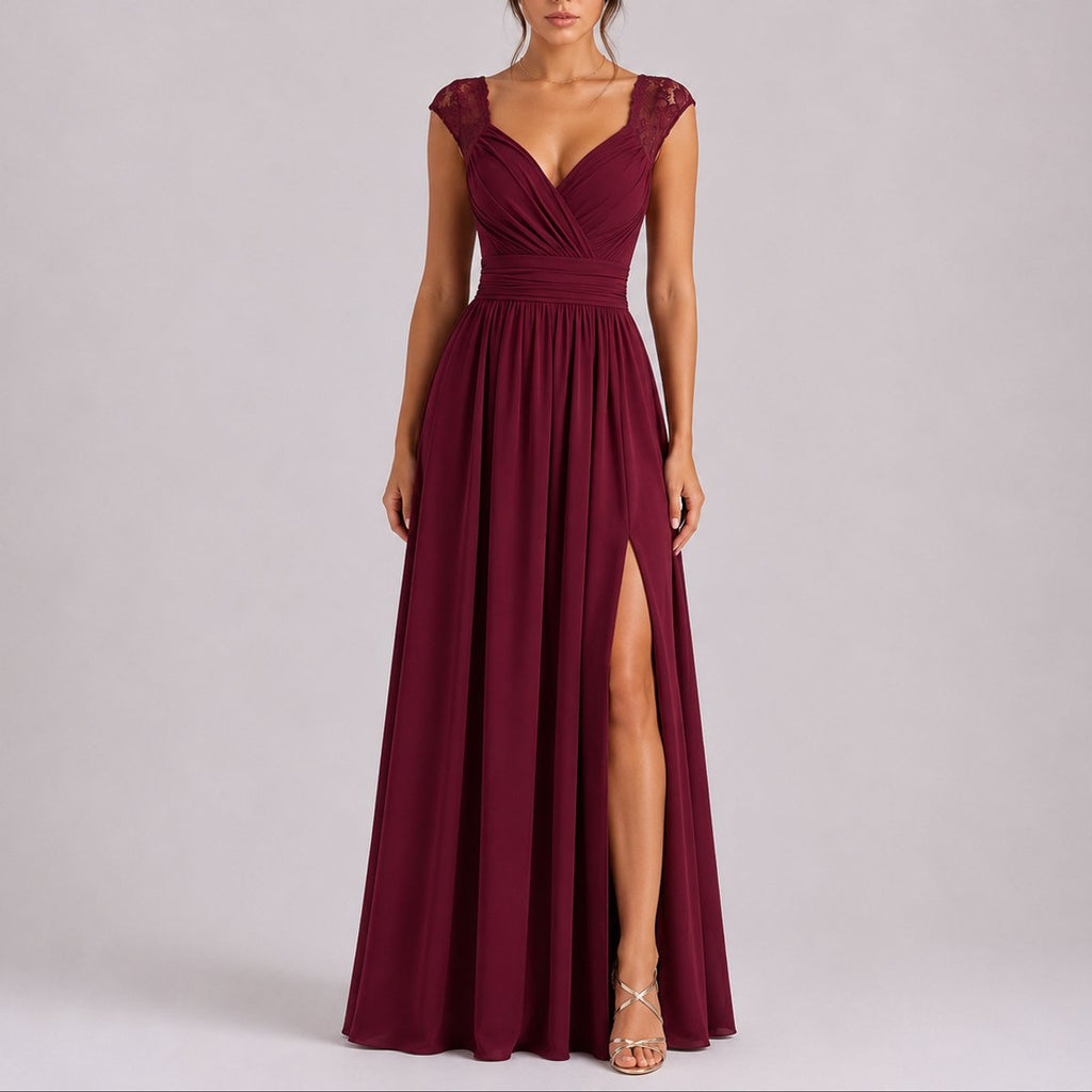 Camila | Robes de Mariée d'Invitée d'Automne à Épaules en Dentelle pour Femmes avec Fente Latérale