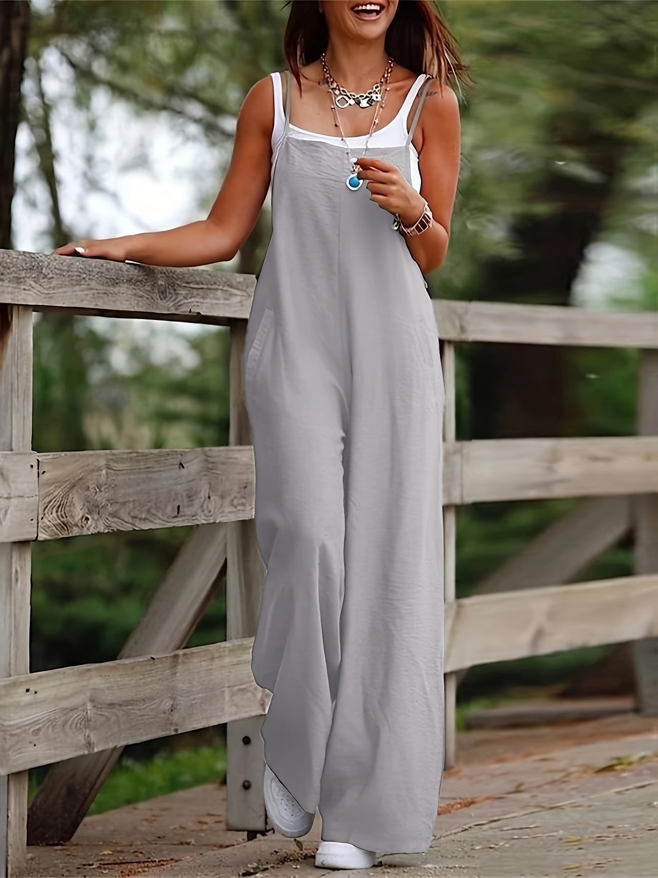 Layla | Pantalon large en lin pour femmes, salopette sans manches