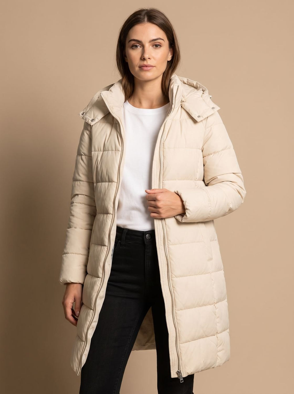 Madison | Veste matelassée longue à capuche pour femmes avec fermeture éclair intégrale