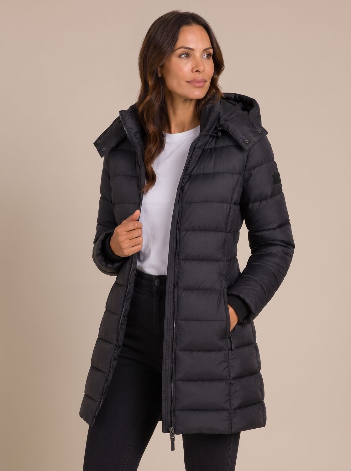 Madison | Veste matelassée longue à capuche pour femmes avec fermeture éclair intégrale