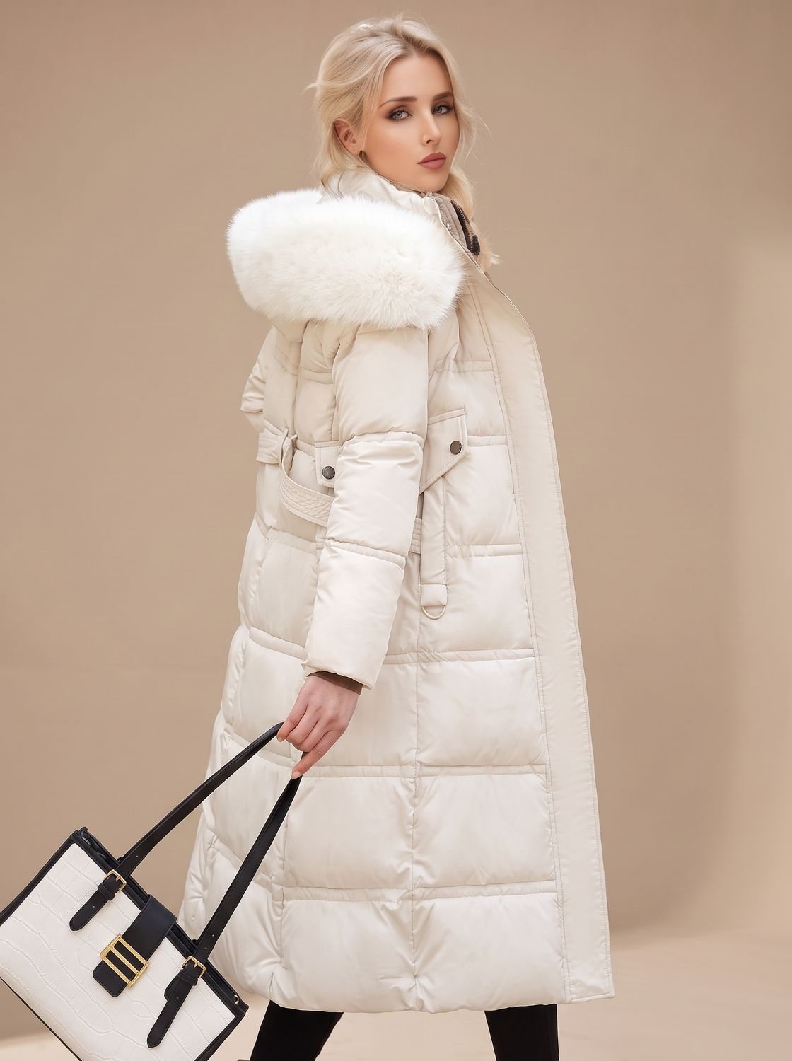 Evelyn | Manteau d'hiver long en duvet de luxe pour femmes avec capuche en fourrure