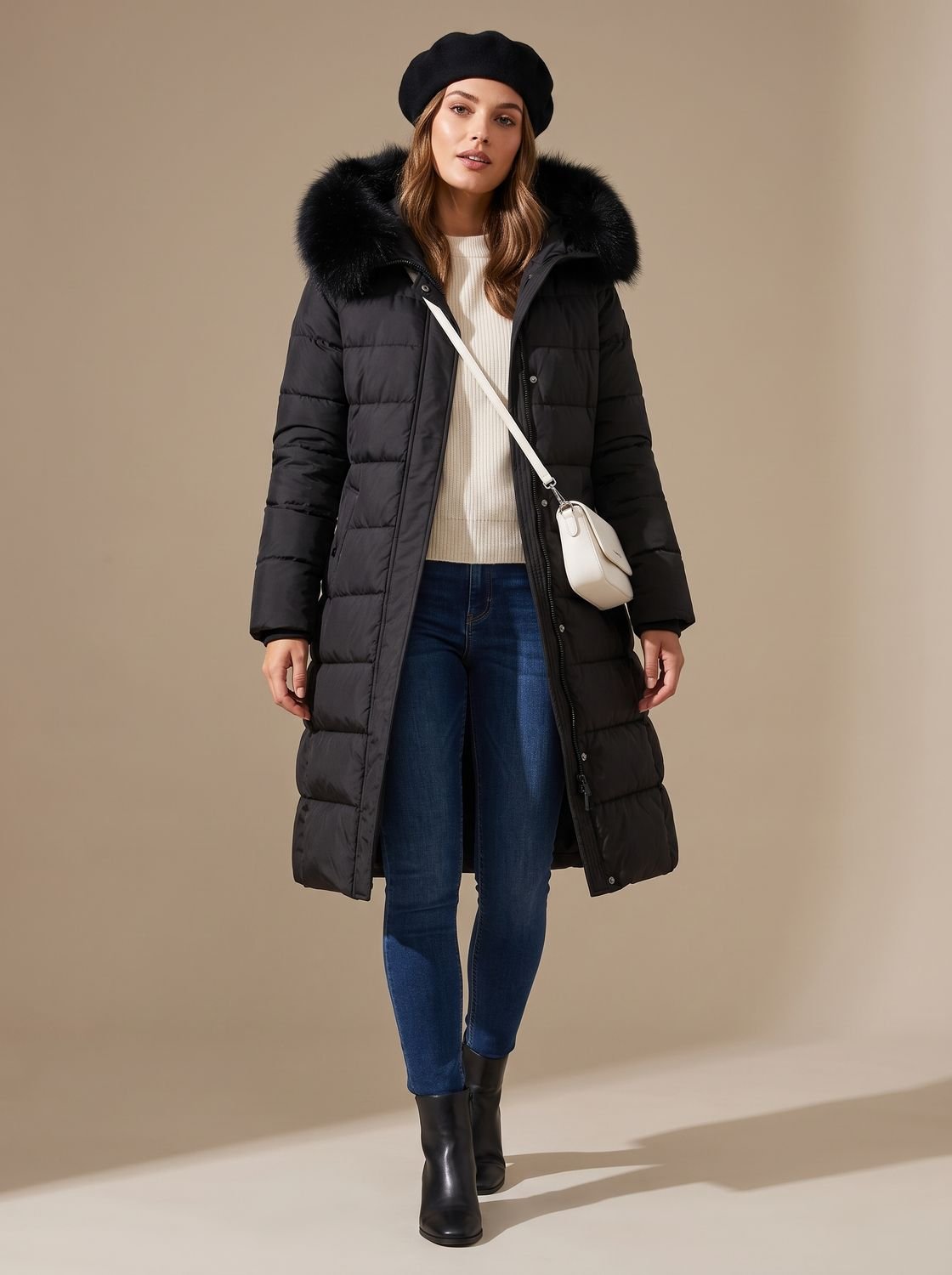 Evelyn | Manteau d'hiver long en duvet de luxe pour femmes avec capuche en fourrure