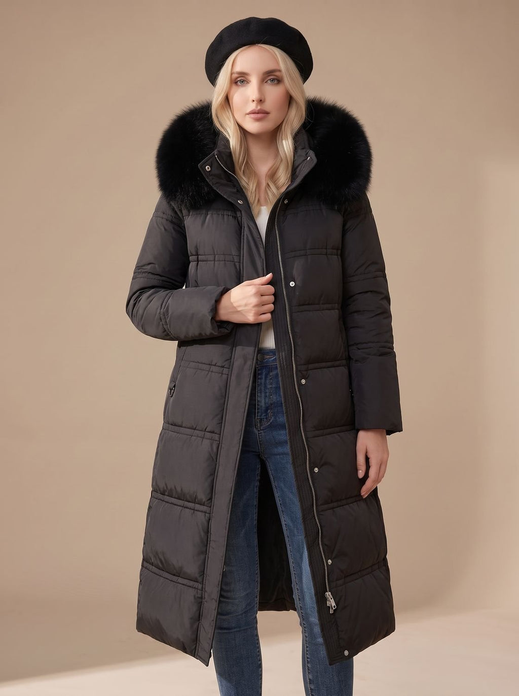 Evelyn | Manteau d'hiver long en duvet de luxe pour femmes avec capuche en fourrure