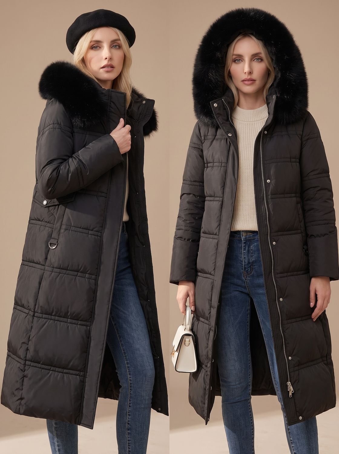 Evelyn | Manteau d'hiver long en duvet de luxe pour femmes avec capuche en fourrure
