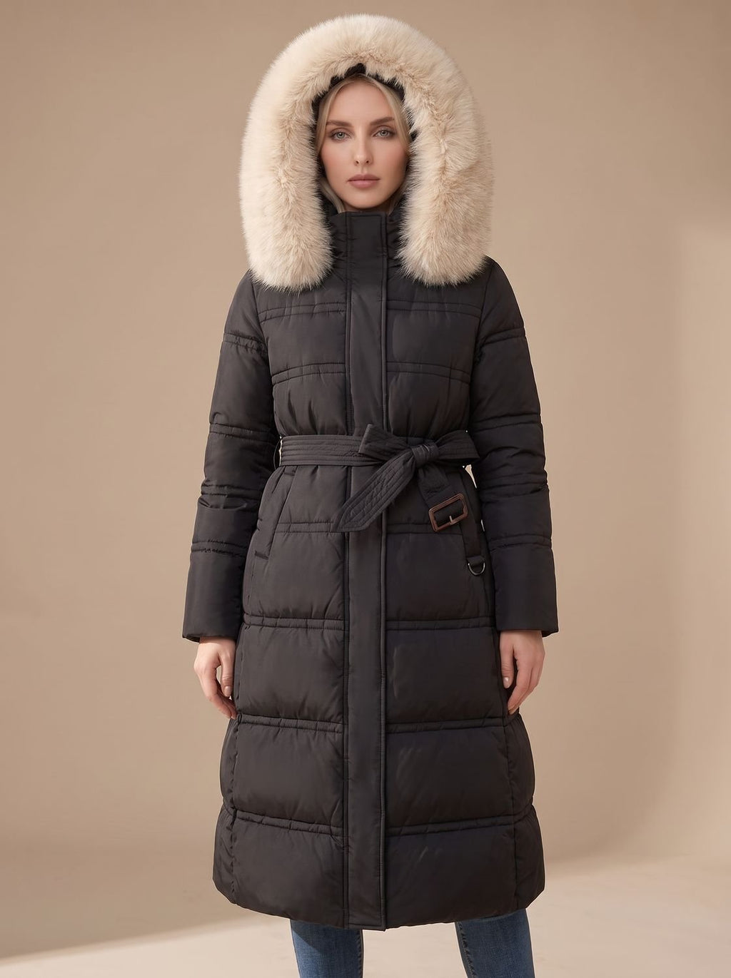 Evelyn | Manteau d'hiver long en duvet de luxe pour femmes avec capuche en fourrure
