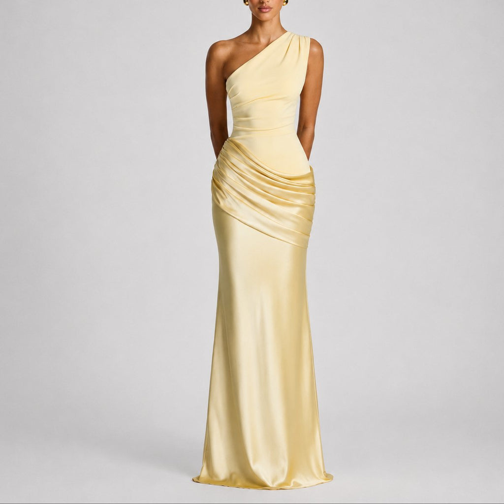 Mia | Robe Maxi Satin Drapée à Une Épaule pour Femmes - Invité de Mariage Automne