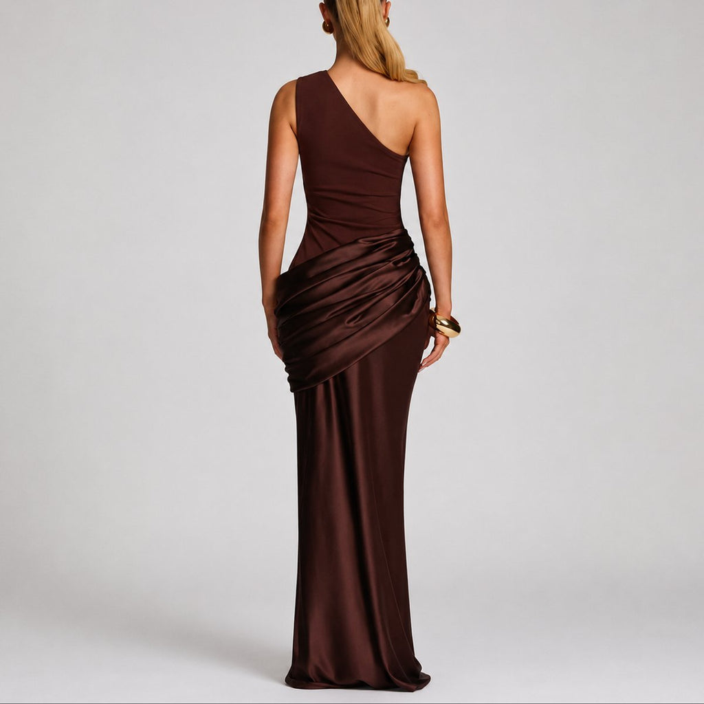 Mia | Robe Maxi Satin Drapée à Une Épaule pour Femmes - Invité de Mariage Automne
