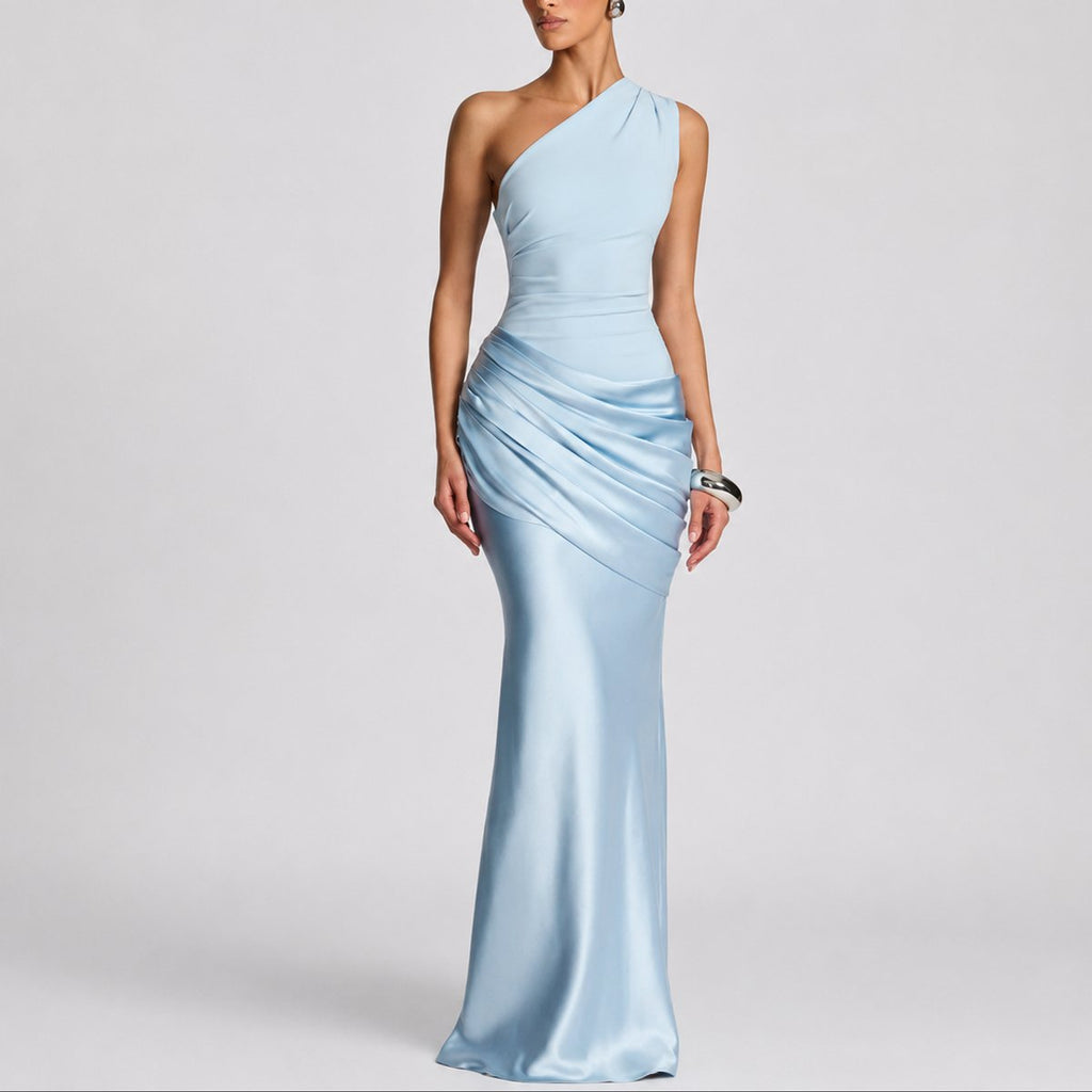 Mia | Robe Maxi Satin Drapée à Une Épaule pour Femme - Invité de Mariage Automne