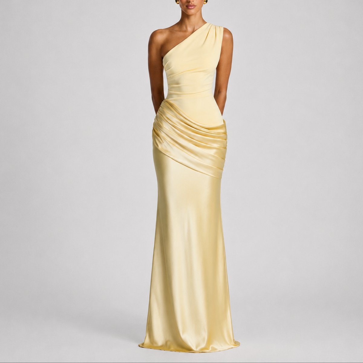 Mia | Robe Maxi Satin Drapée à Une Épaule pour Femme - Invité de Mariage Automne