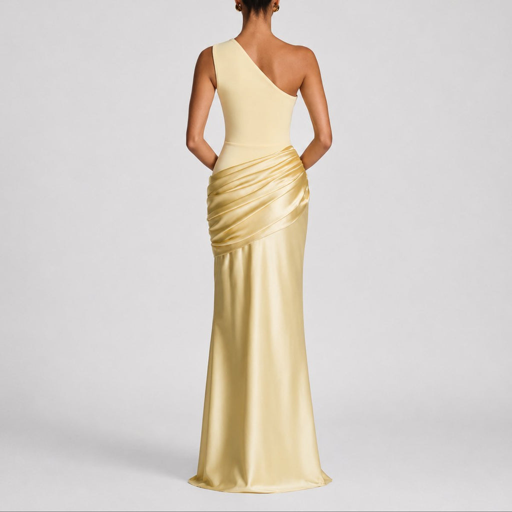 Mia | Robe Maxi Satin Drapée à Une Épaule pour Femmes - Invité de Mariage Automne