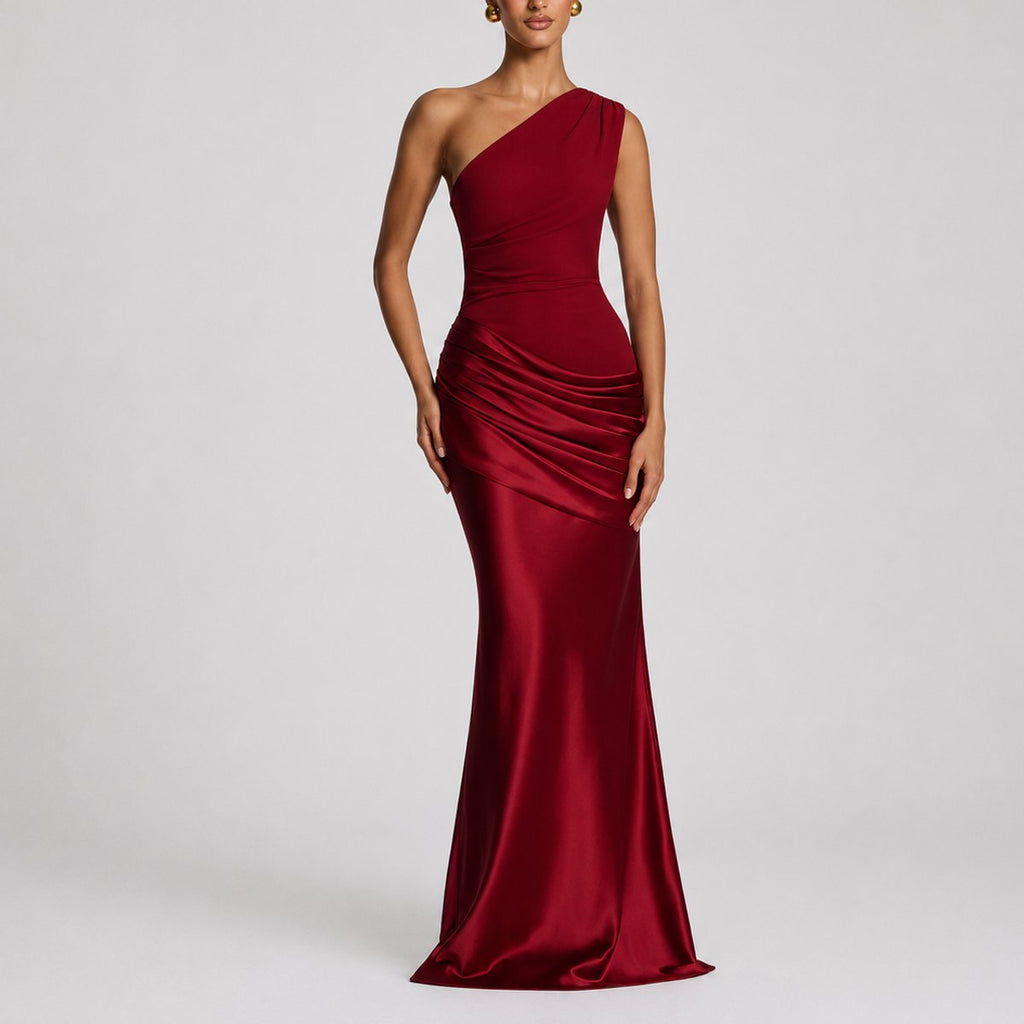Mia | Robe Maxi Satin Drapée à Une Épaule pour Femmes - Invité de Mariage Automne
