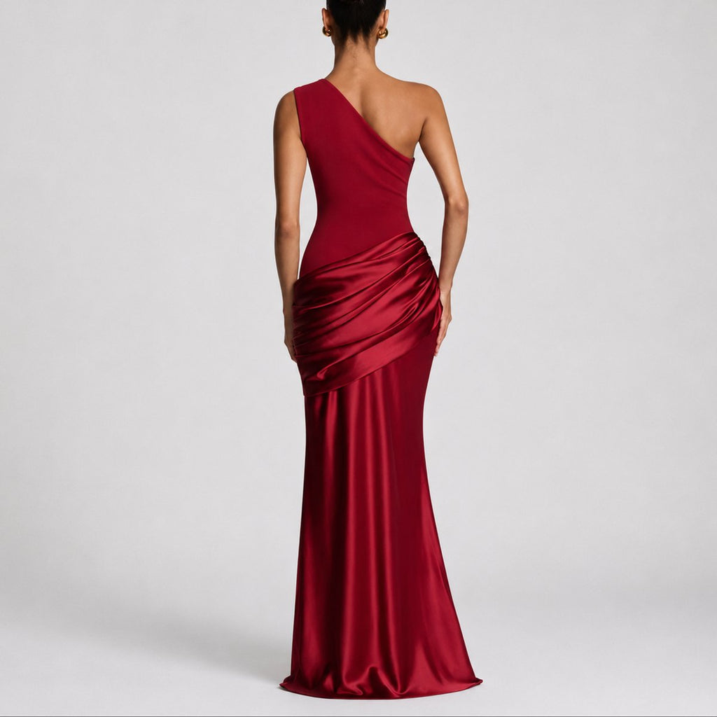 Mia | Robe Maxi Satin Drapée à Une Épaule pour Femme - Invité de Mariage Automne
