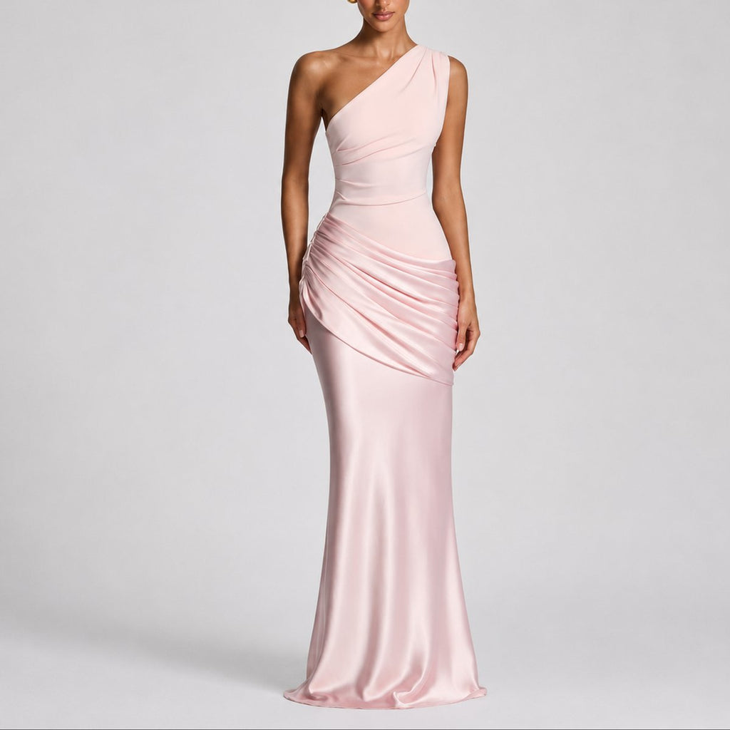 Mia | Robe Maxi Satin Drapée à Une Épaule pour Femmes - Invité de Mariage Automne