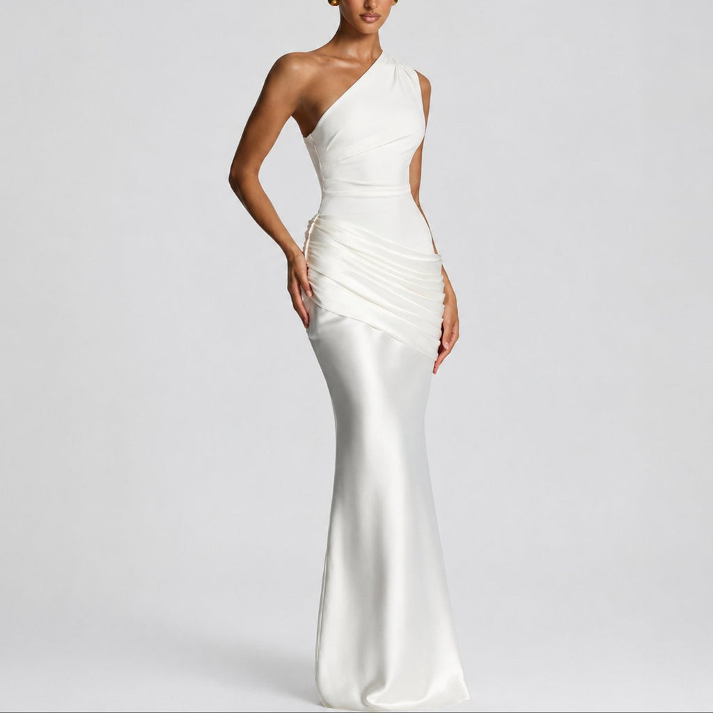 Mia | Robe Maxi Satin Drapée à Une Épaule pour Femmes - Invité de Mariage Automne