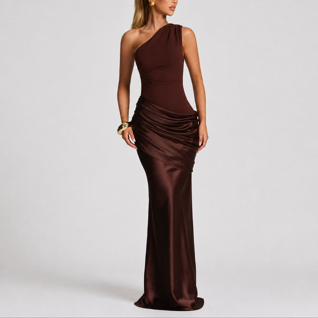 Mia | Robe Maxi Satin Drapée à Une Épaule pour Femmes - Invité de Mariage Automne