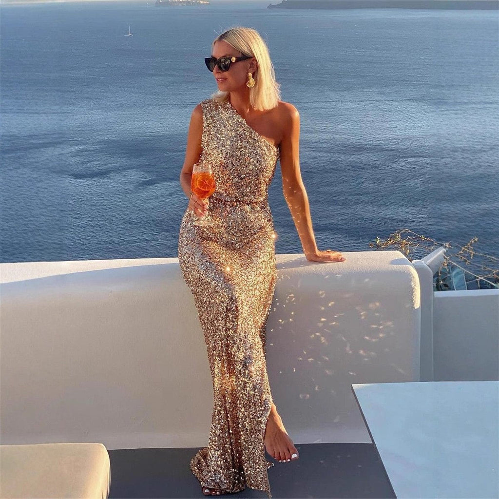 Charlotte | Robe de cocktail maxi à sequins asymétrique à une épaule pour femmes