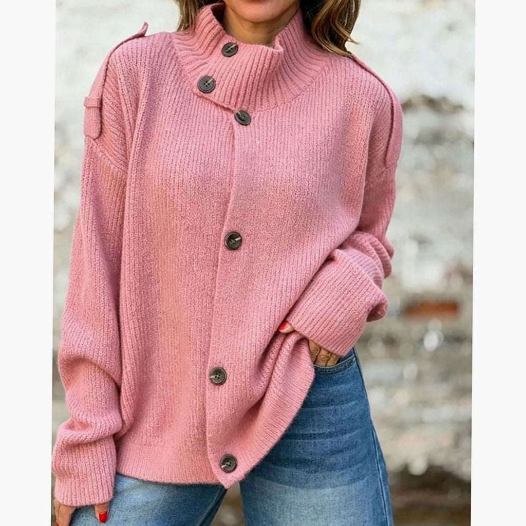 Amelia | Cardigan en tricot surdimensionné à boutons sur le devant et col montant pour femmes