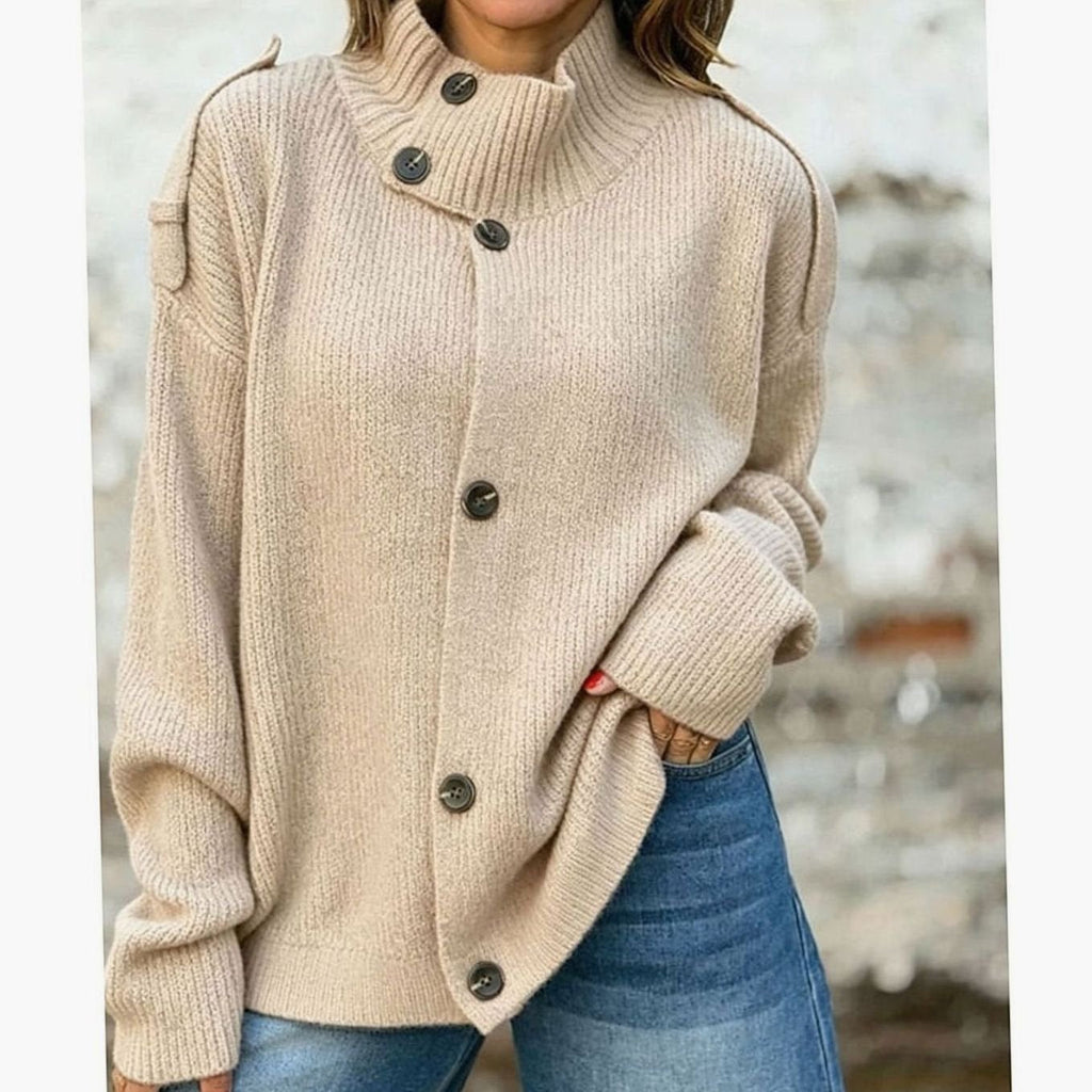 Amelia | Cardigan en tricot surdimensionné à boutons sur le devant et col montant pour femmes